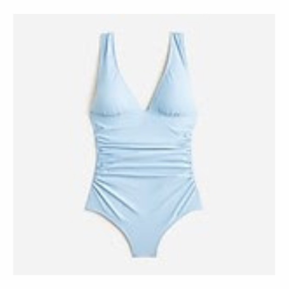 J Crew Ruched V Neck One Piece, Blue Mist, 22